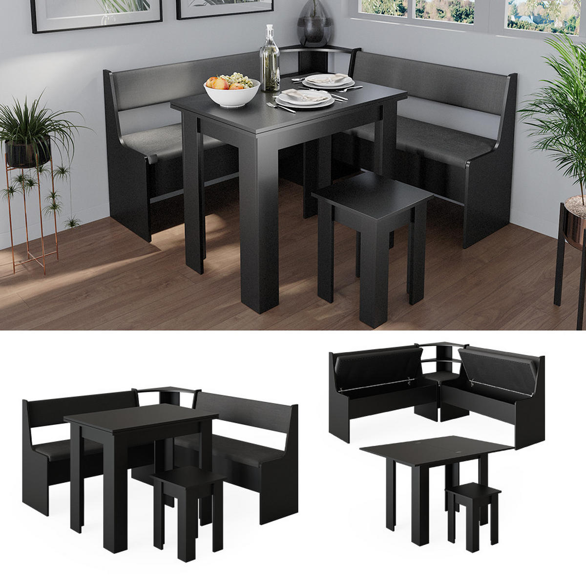 ECKBANKGRUPPE Roman Schwarz 150 x 41.5 cm mit Tisch - Schwarz/Sonoma Eiche, Holzwerkstoff (150/80/150cm) - Vicco