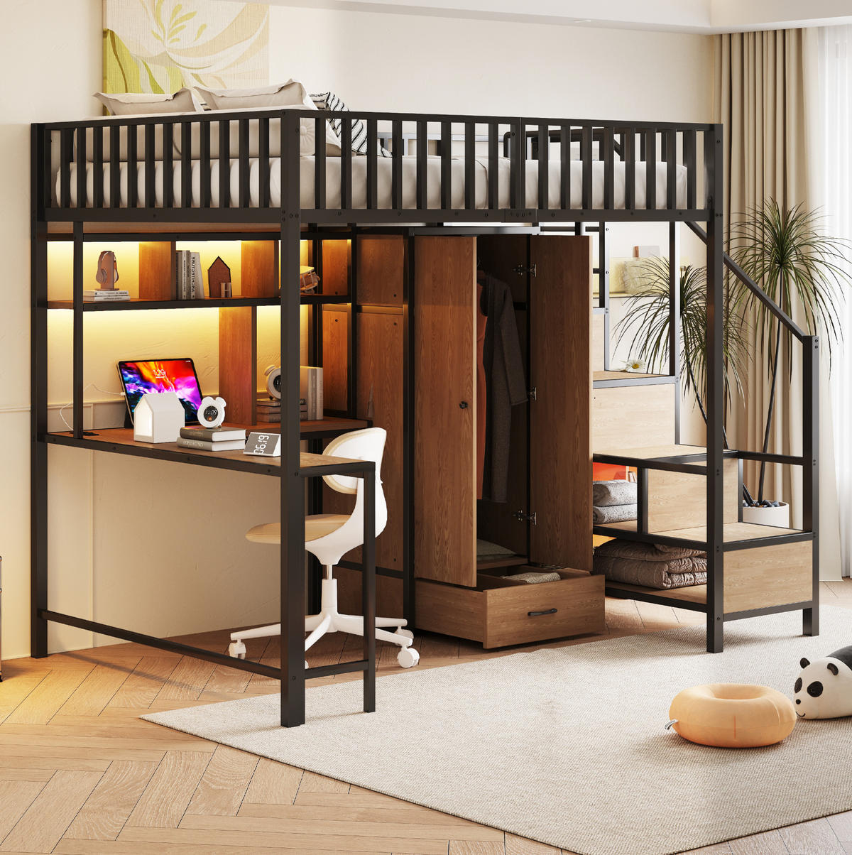 HOCHBETT 140/200 cm mit Schreibtisch, Kleiderschrank, Regalen, LED und Steckdosen, Schwarz - Schwarz, Metall (140/200cm) - Redom