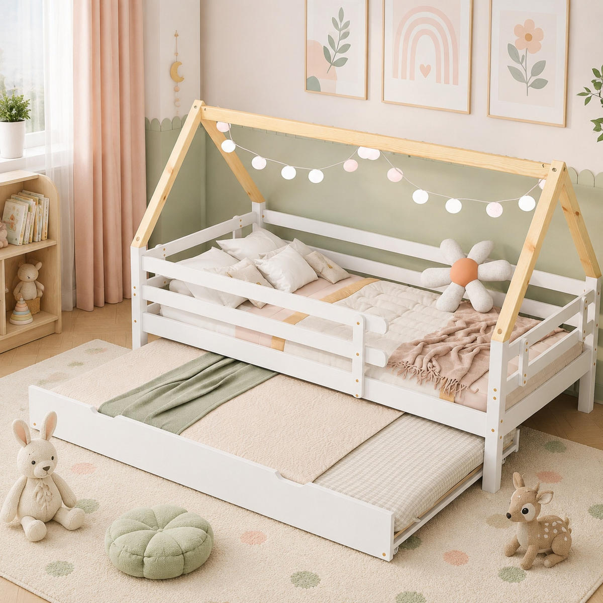 KINDERBETT 90/200+90/190 mit Ausziehbett und Sicherheitsgeländer - Weiß/Naturfarben, Holzwerkstoff (90/200cm) - EVRYAE
