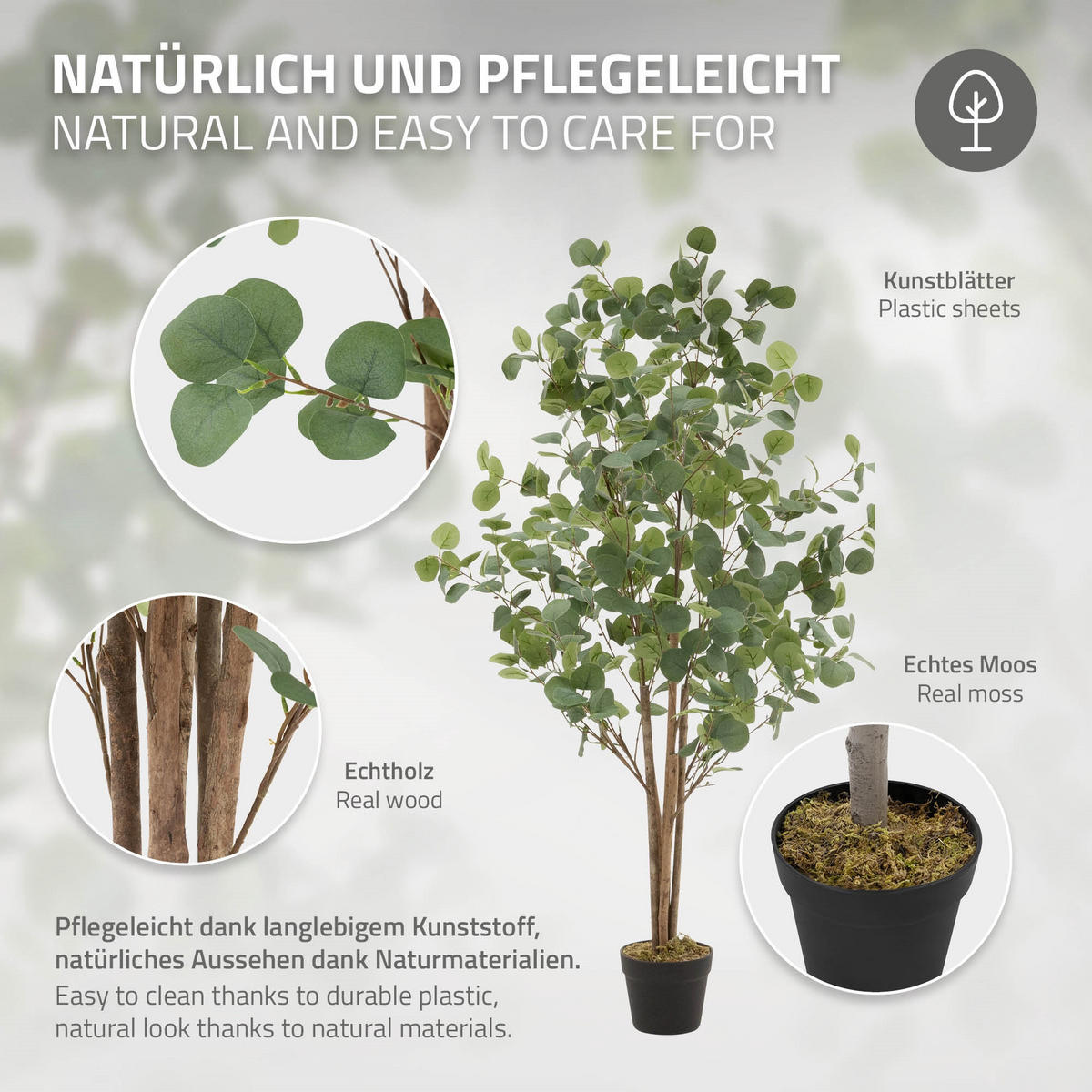 KUNSTPFLANZE Eukalyptus - Anthrazit/Grün, Holz/Kunststoff (150cm) - ML-DESIGN