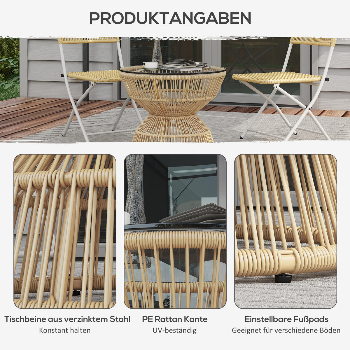 GARTENTISCH, Naturholz, PE Rattan, Hartglas - Braun, Kunststoff (60/60/50cm) - Outsunny