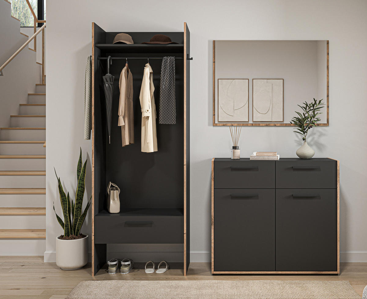 GARDEROBE-SET grau und Nox Eiche, Garderobenkombination 3-teilig, 180 x 189 cm, Salud - Dunkelgrau/Schwarz, Holzwerkstoff/Kunststoff (180/189/37cm) - Inn.Furn