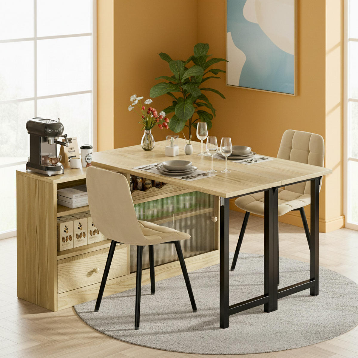 ESSTISCH Multifunktions & Sideboard (klappbar) mit Stauraum - Naturfarben, Holzwerkstoff/Metall (110/120/75cm) - Urban Meuble