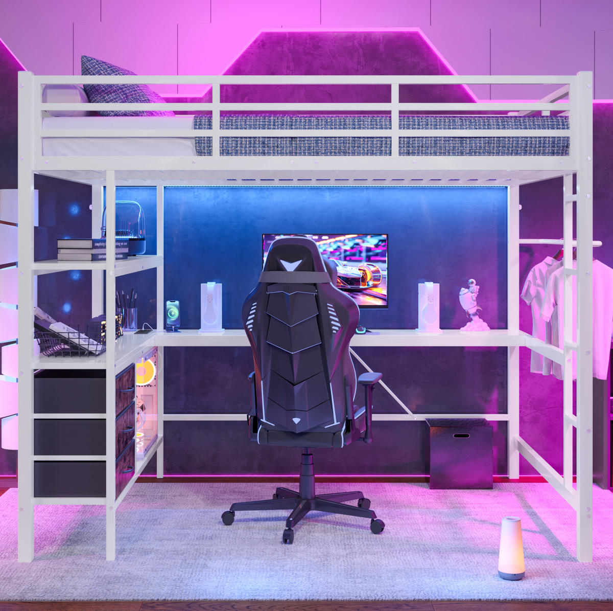 HOCHBETT aus Metall und MDF 140x200 cm Weiß mit LED-Beleuchtung, Schreibtisch, USB, Steckdose und 3 Schubladen - Weiß, Metall (140/200cm) - Modfu