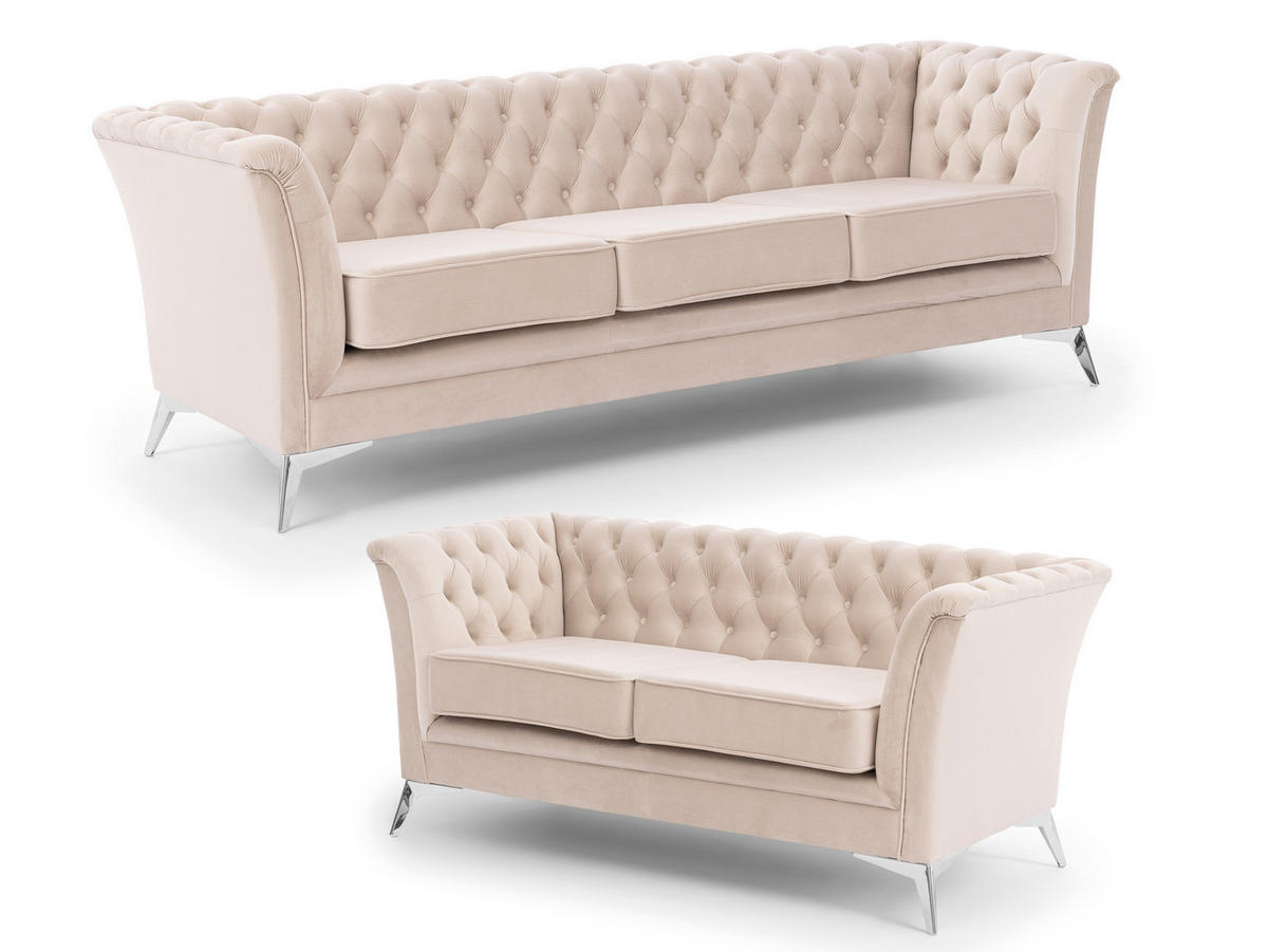 SITZGARNITUR 3+2 Chesterfield Whitby Beige Samt mit silbernen Füßen - Beige/Silberfarben, Holz/Textil (237/78/82cm) - S-Style Möbel