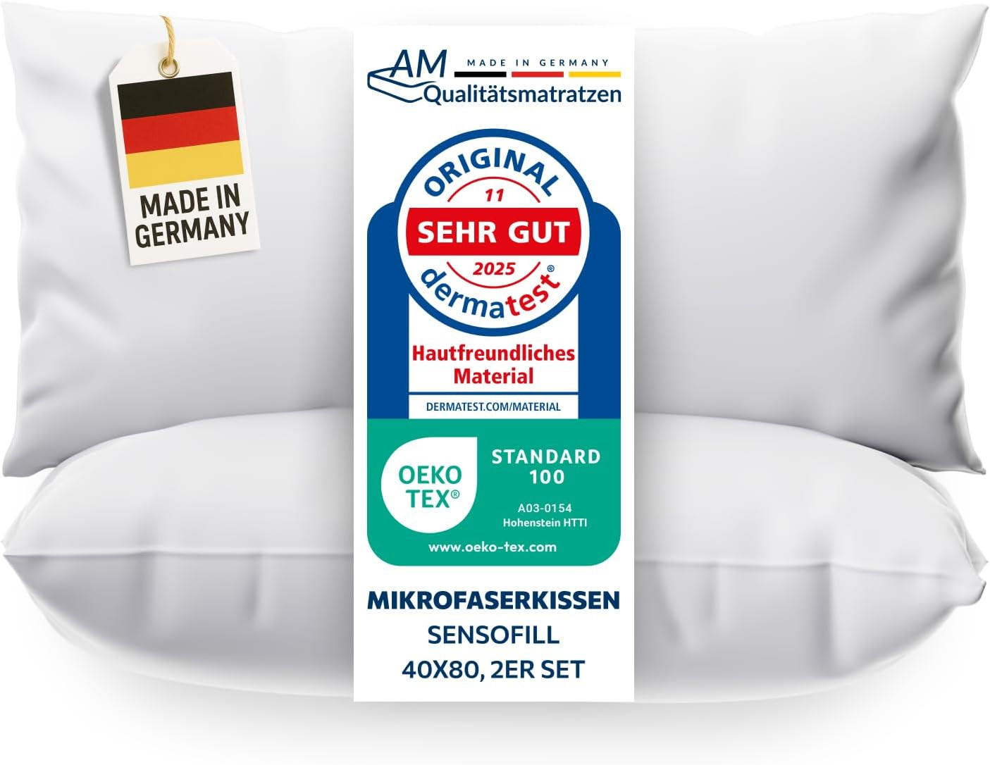 AM Qualitätsmatratzen Premium Mikrofaser Kopfkissen 2er Set mit Sensofill Füllung Made in Germany 40x80cm - Weiß, Textil (40/80cm) - AM Qualitätsmatratzen