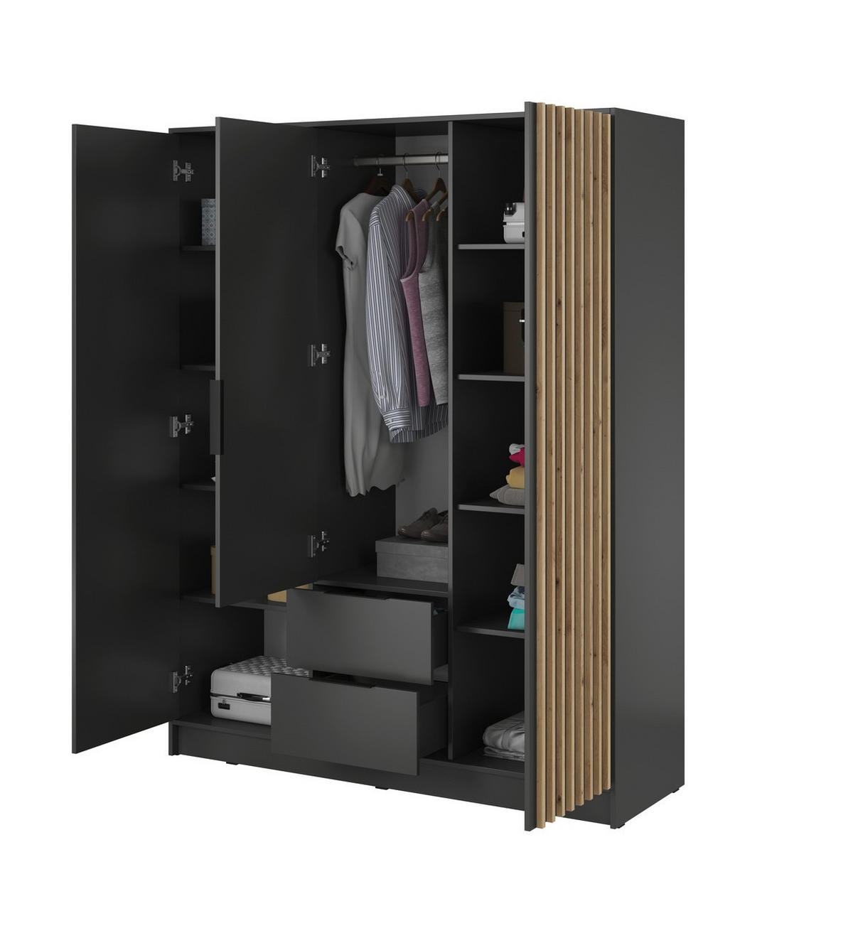 KLEIDERSCHRANK Nelly Graphit, Schrank Dreitürige, Garderobe mit Spiegel und Schubladen - Graphitfarben, Holzwerkstoff (155/200/51cm) - Bettso