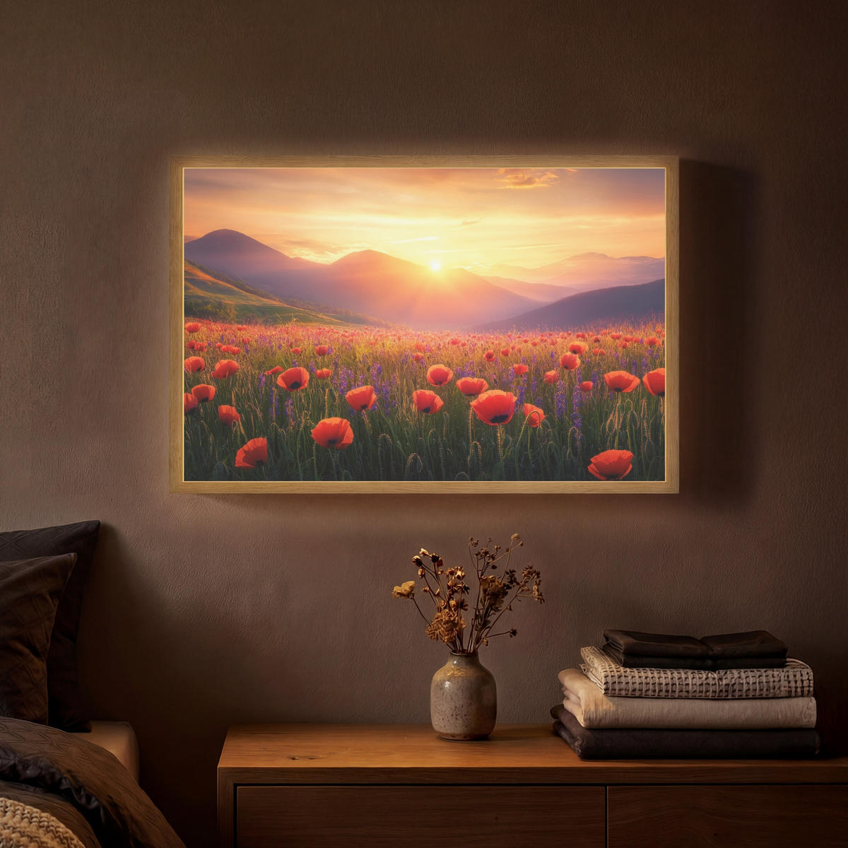 WANDLEUCHTE MIT AKKU Landschaft - Sonnenuntergang - Blumenfeld 60x40 cm - Rot, Holzwerkstoff (60/40/8cm) - OnlyWow