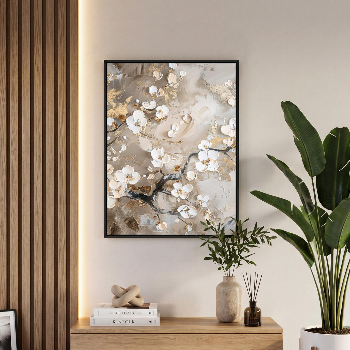LEINWAND Bilder mit Rahmen - Blumen - Weiß - Gold - Beige - Luxus - 50x70 - Greige, Textil (50/70cm) - MuchoWow