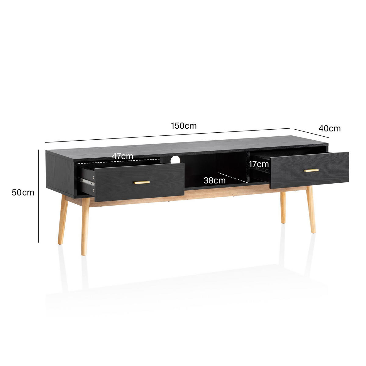 LOWBOARD Schwarz Eiche-Dekor Modern Stil 150x50x40 cm mit Schubladen und Ablagefach - Eichefarben/Schwarz, Holz (150/50/40cm) - KADIMA DESIGN