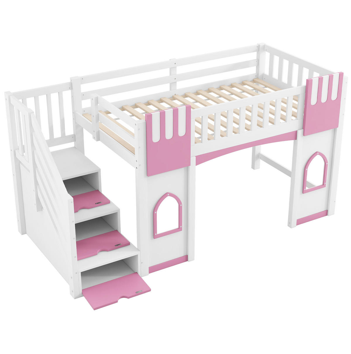 PATROVÁ postel 90/200 cm bílá/růžová z MDF a borovice se schody - bílá, kompozitní dřevo (90/200cm) - OKWISH