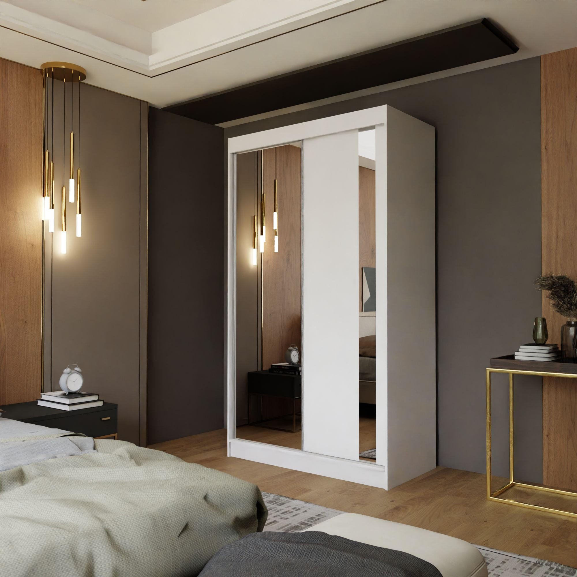 SCHWEBETÜRENSCHRANK GRAZIA 120/216/61 cm 2-türig mit Spiegel Weiß - Weiß, Holzwerkstoff (120/216/61cm) - MASSENO