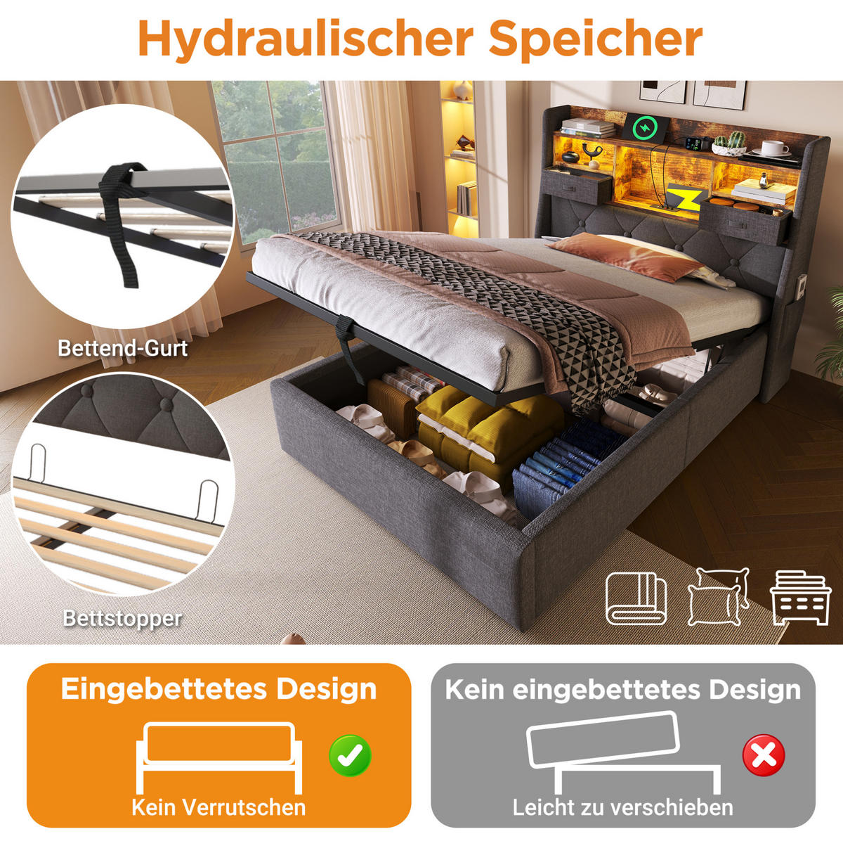 POLSTERBETT 90/200 cm Grau mit Stauraum, LED und Matratze - Grau, Textil (90/200cm) - Flora Grace