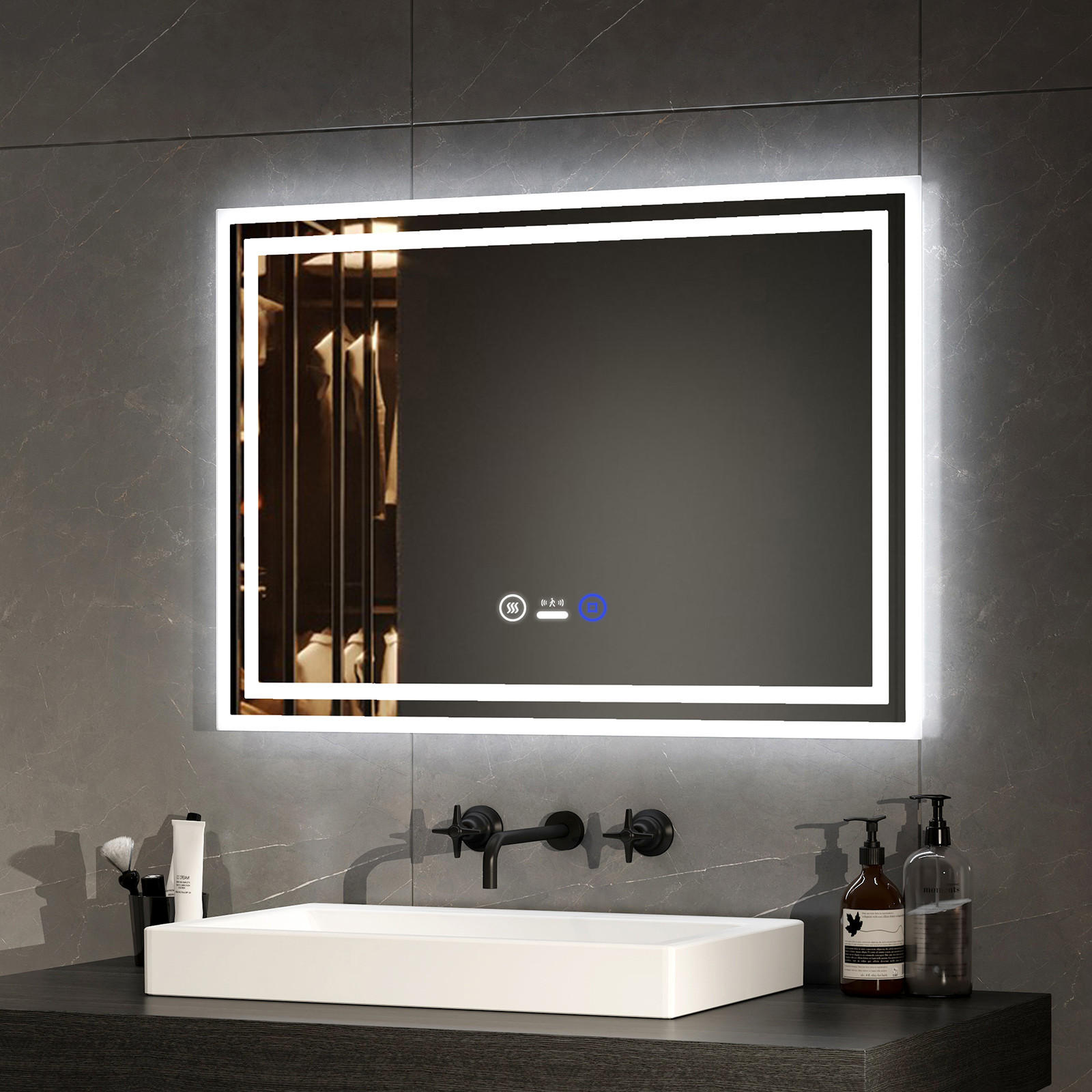 BADSPIEGEL mit Beleuchtung mit Bewegungssensor, 70/50/3,5 cm - Weiß, Glas (50/3.5/70cm) - EMKE