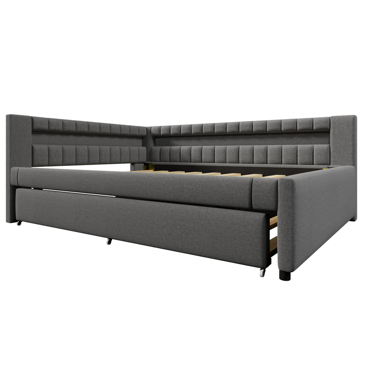 DNEVNA postelja iz lanu in MDF 140x200 cm siva z LED osvetlitvijo, USB in Type-C priključkom ter izvlečnim ležiščem - siva, tekstil (140/200cm) - Modfu