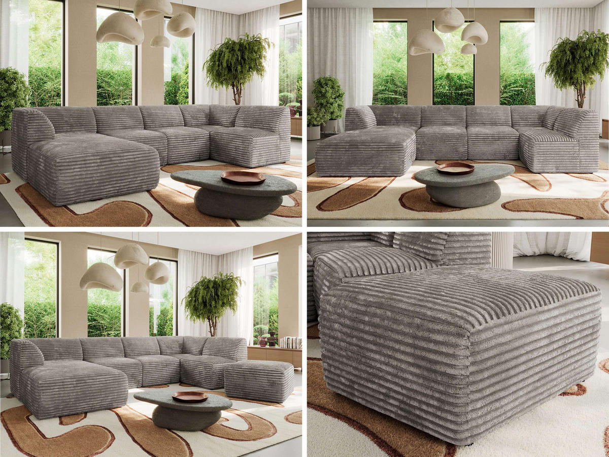 WOHNLANDSCHAFT MODARO U 6M - Hellbraun Cord - Links - Hellbraun/Schwarz, Textil (180/78/345cm) - MKS