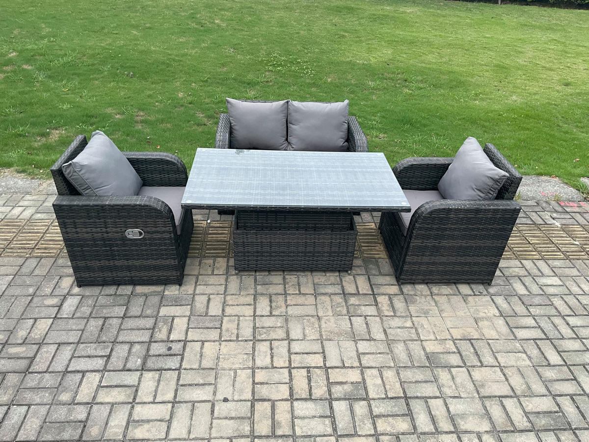 GARTENMÖBELSET mit Höhenverstellbarer Esstisch 4-Sitzer Grau - Dunkelgrau/Grau, Glas/Kunststoff - Fimous