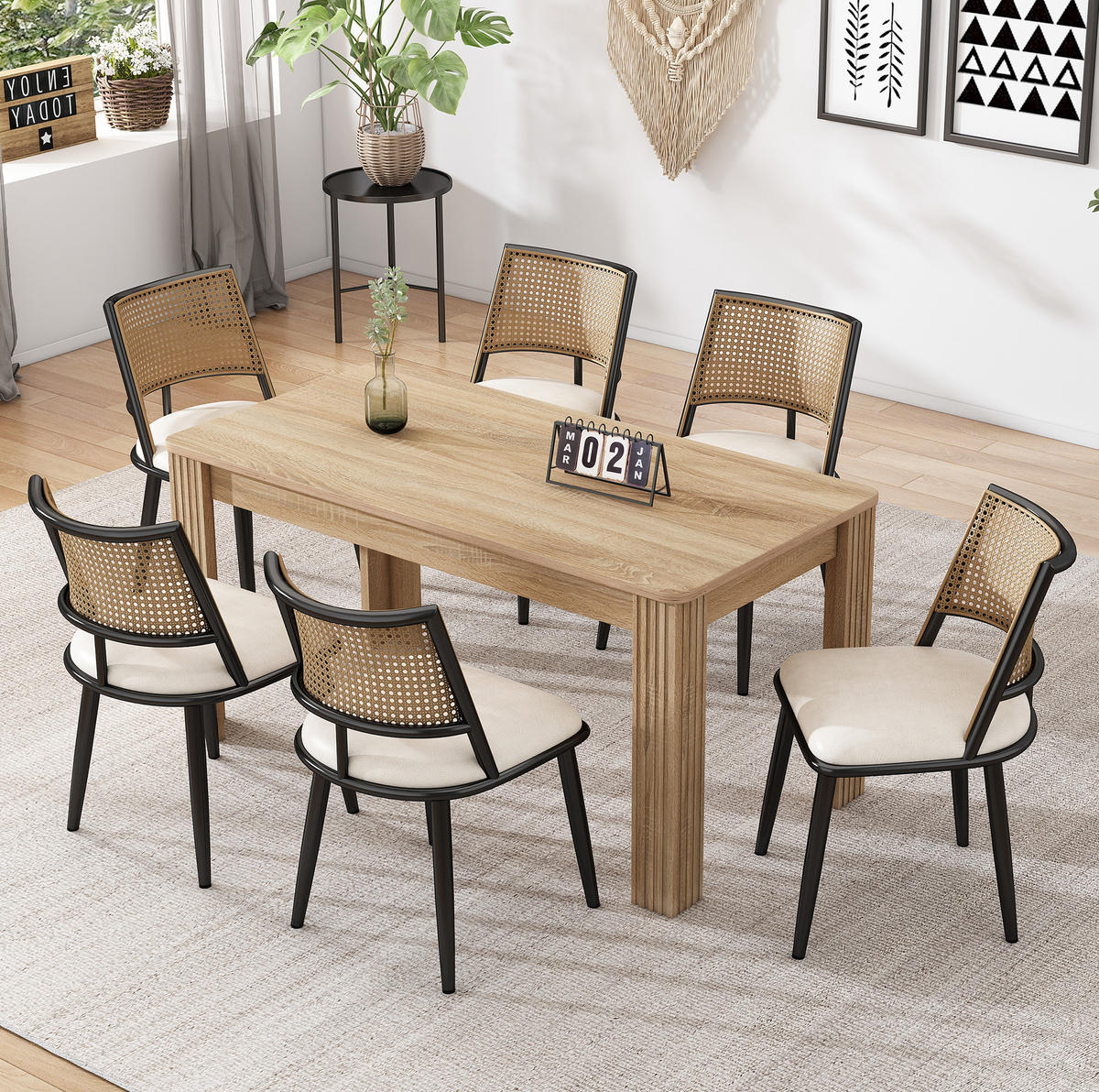 ESSZIMMERSTUHL 6er-Set mit PU-Sitz und Rattan-Rückenlehne Schwarz - Schwarz, Metall (46/80/48.1cm) - Meubliv