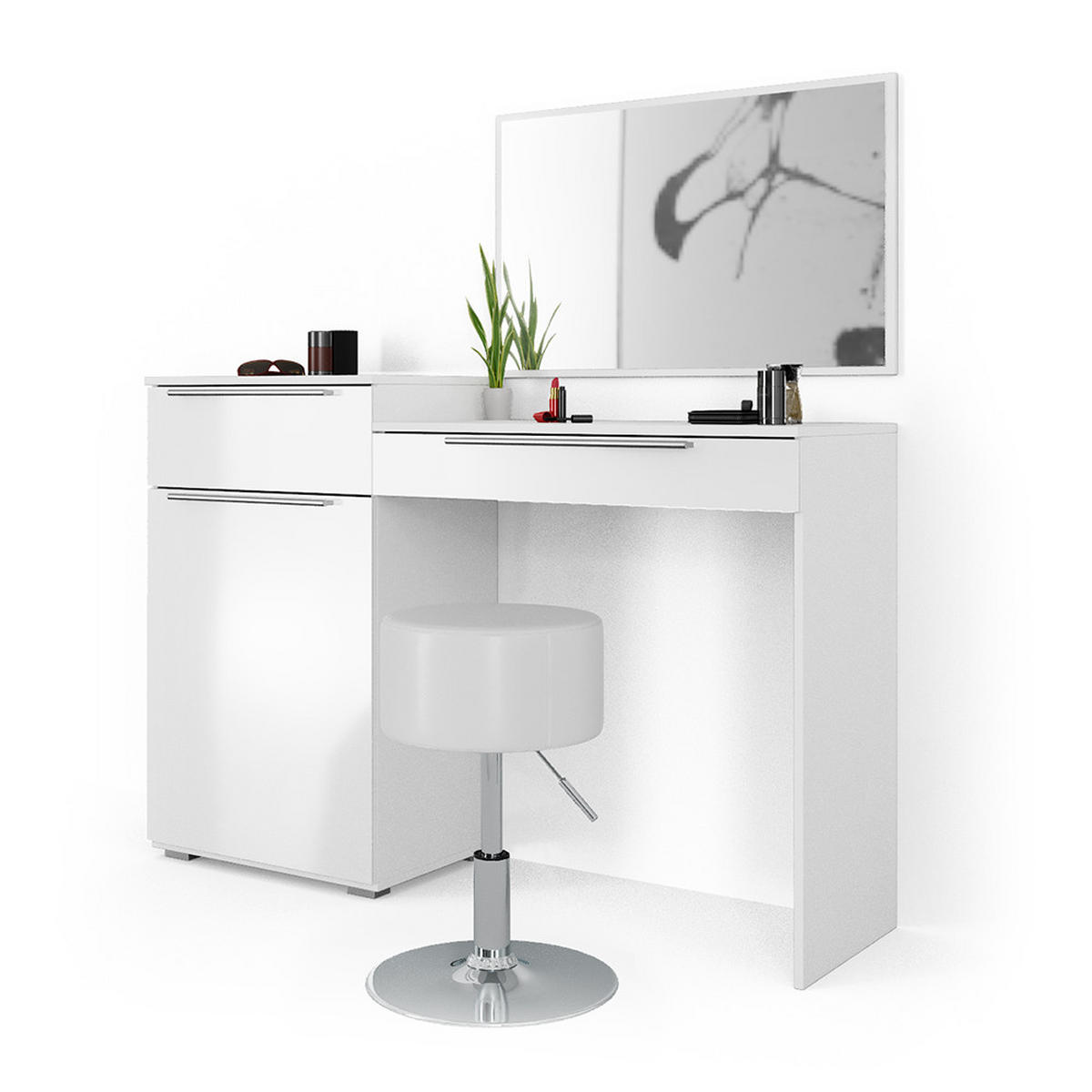 SCHMINKTISCH Lilli Weiß 135 cm mit Hocker - Weiß, Holzwerkstoff (135/90/39cm) - Vicco