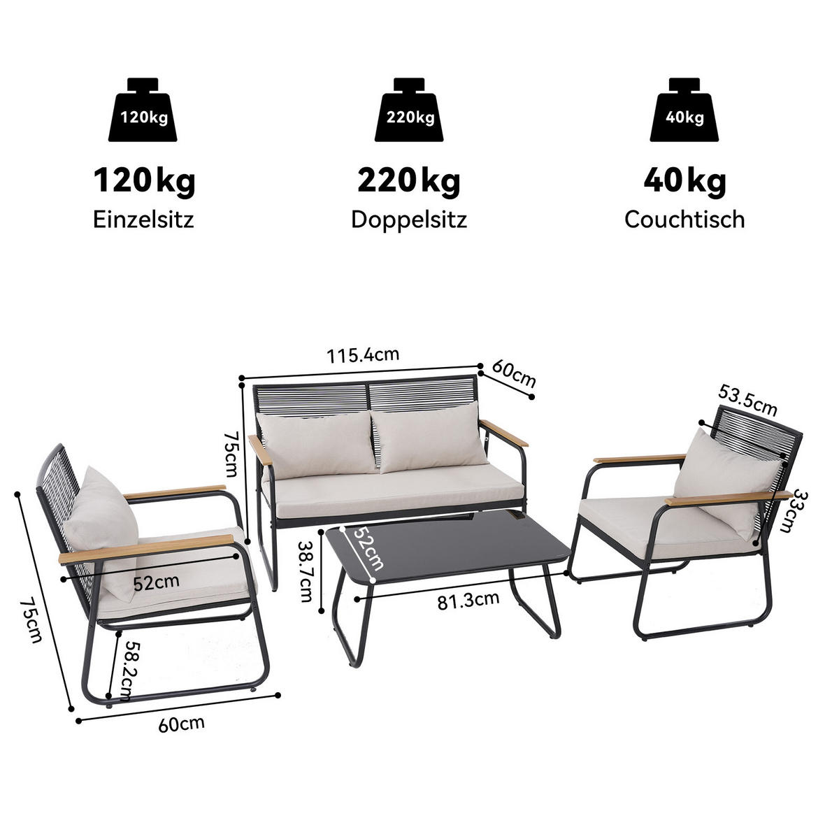 GARTENLOUNGE Set ,SF03 - Grau, Metall