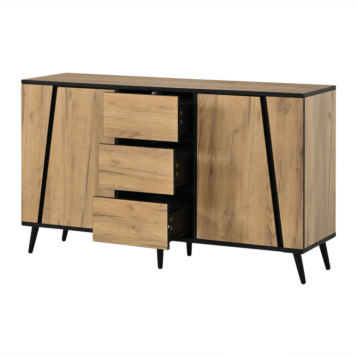 SIDEBOARD AUFBEWAHRUNGSSCHRANK Naturholz & Schwarz 2 Türen 3 Schubladen 120cm - Naturfarben, Holzwerkstoff (120/70/40cm) - Urban Meuble