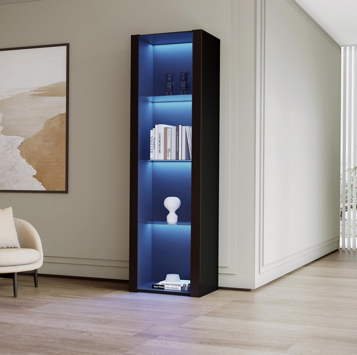 VITRINE 55/38/166 cm aus Spanplatte mit Hochglanzfront und LED-Beleuchtung Schwarz - Schwarz, Holzwerkstoff (55/166/38cm) - Modenvie