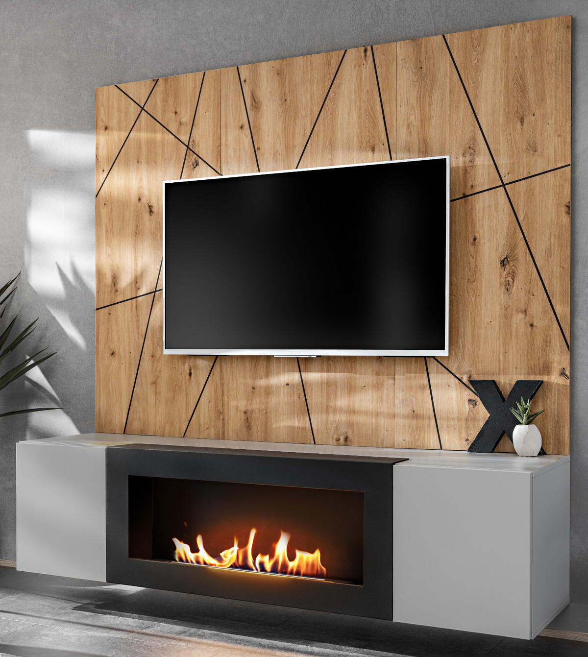 TV-LOWBOARD grau, Eiche Artisan, TV-Unterschrank 160 cm mit Ethanpol Kamin und Akustikpaneel - Hellgrau/Schwarz, Glas/Holzwerkstoff (160/148/35cm) - Inn.Furn