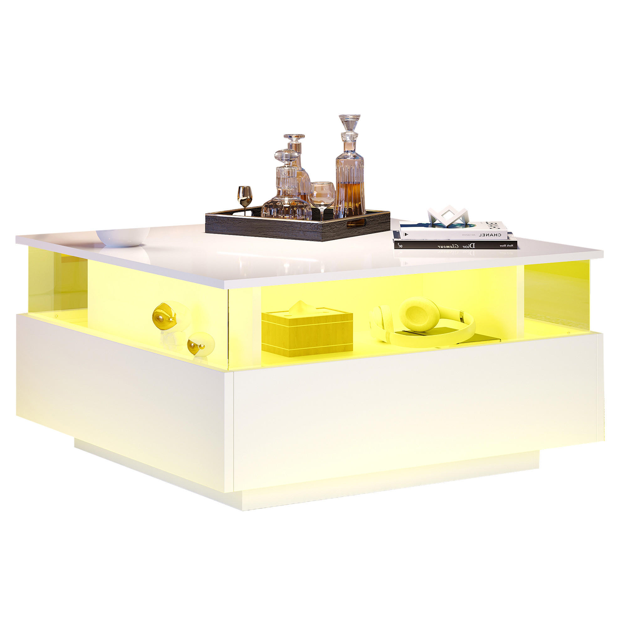COUCHTISCH 70/70/41 cm weiß aus Spanplatte mit LED-Beleuchtung und 2 Schubladen - Weiß, Holzwerkstoff (70/70/41cm) - OKMYHOME