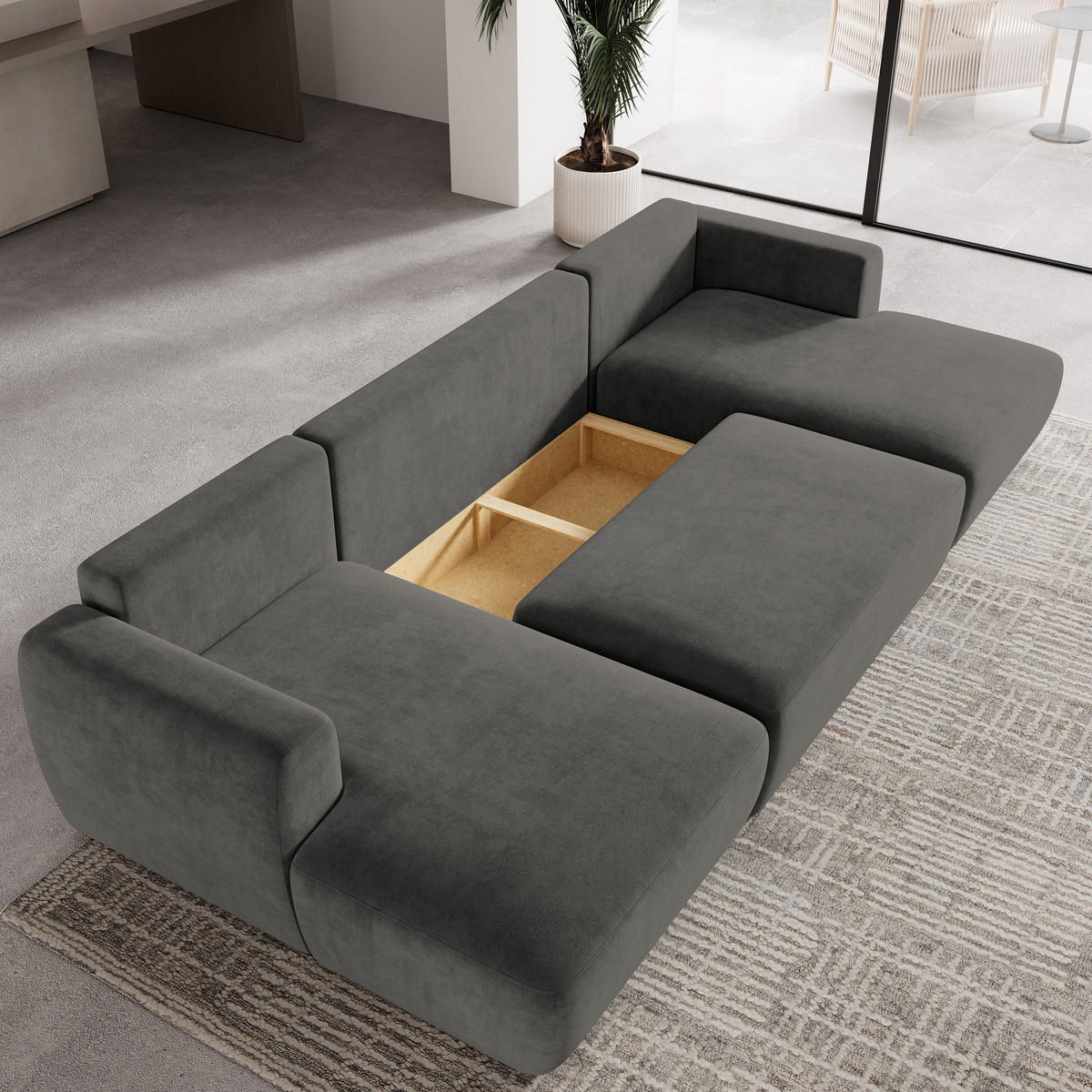 WOHNLANDSCHAFT SENTUM K Grau Plüsch-Stoff mit Schlaffunktion - Grau, Holz (330/90/148cm) - MASSENO