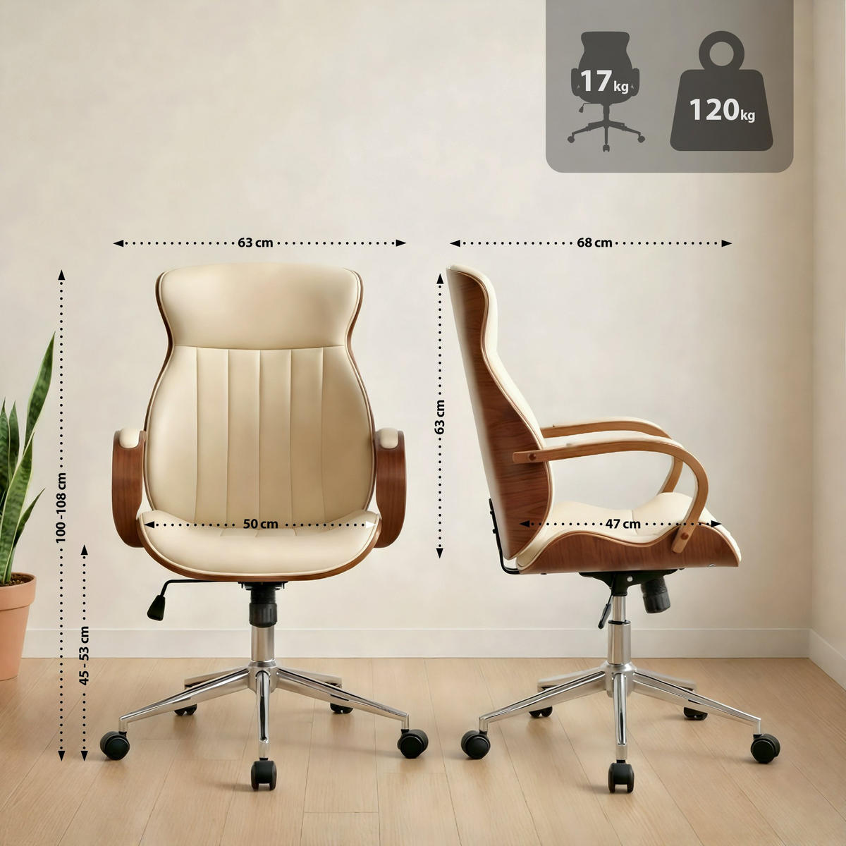 DREHSTUHL Lederlook Walnuss/Creme - Chromfarben/Walnussfarben, Textil/Metall (63/100/68cm) - CLP