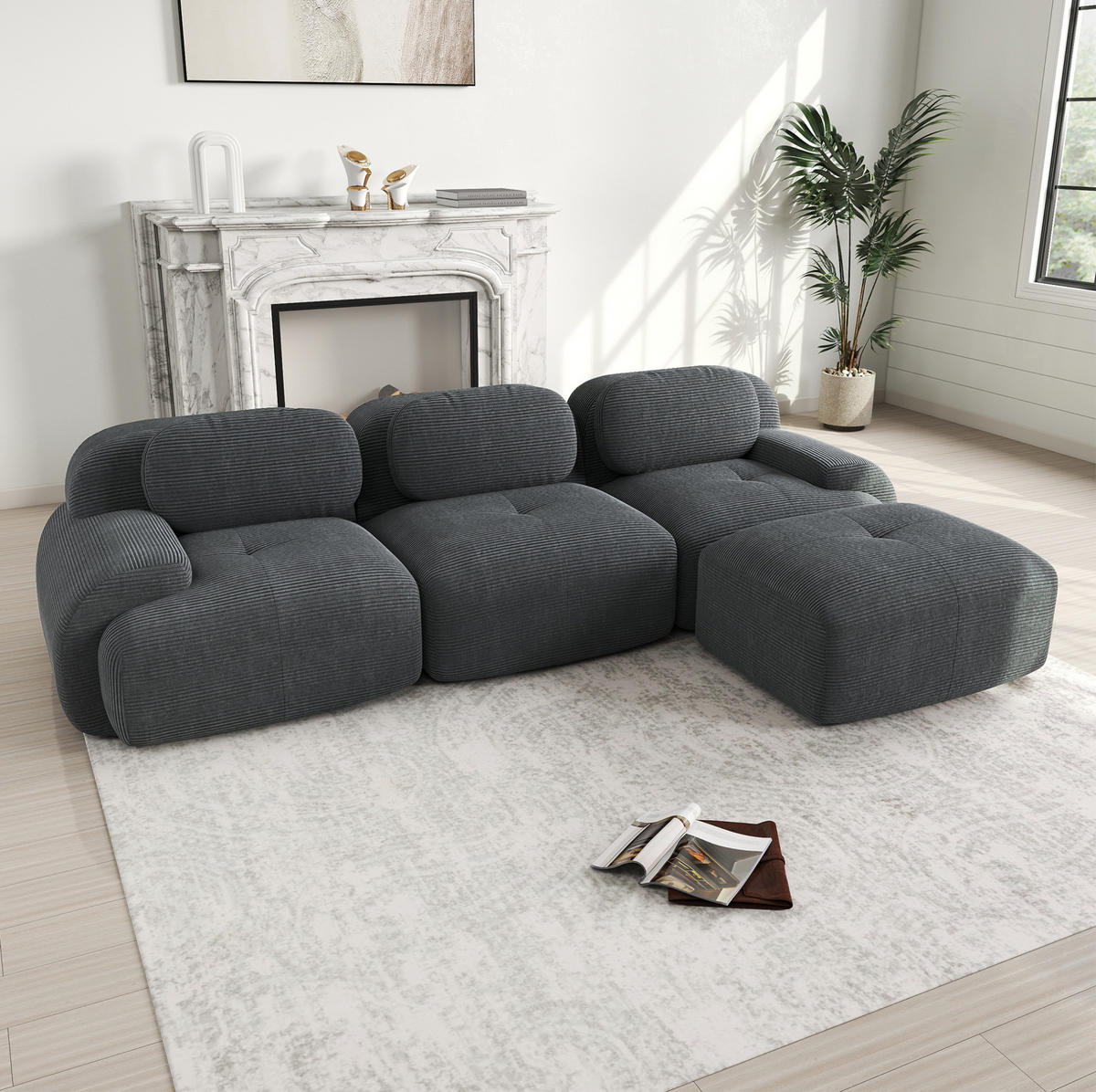 ECKSOFA modular, montagefrei, ergonomisch und rahmenlos mit Cordbezug, Grau - Grau, Textil (298/178cm) - Redom