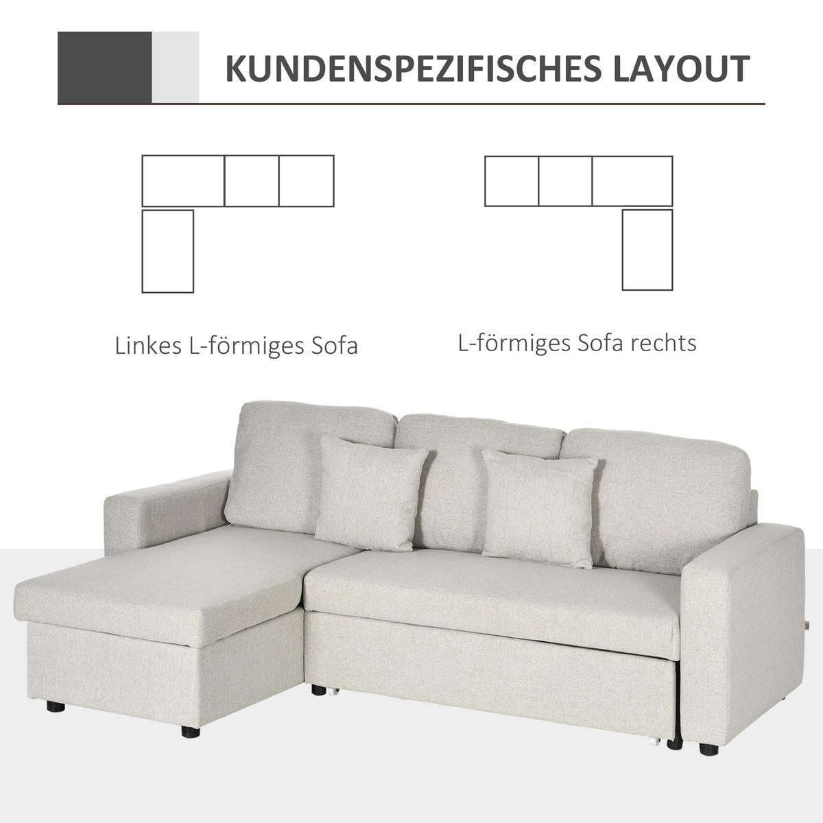 ECKSOFA mit Bettfunktion, Eckcouch inklusive 2er-Sitz Sofa, Einzelbett, L-Form - Weiß, Holzwerkstoff (140/225cm) - HOMCOM