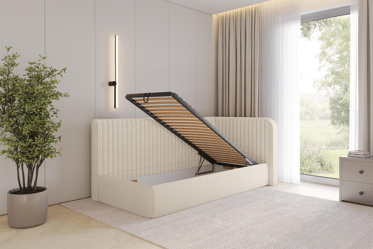 EINZELLBETT Jugendbett mit Bettkasten und Matratze H3/H4, Links - AURY 100x200 Beige - Creme, Holzwerkstoff/Textil (100/200cm) - ALTDECOR