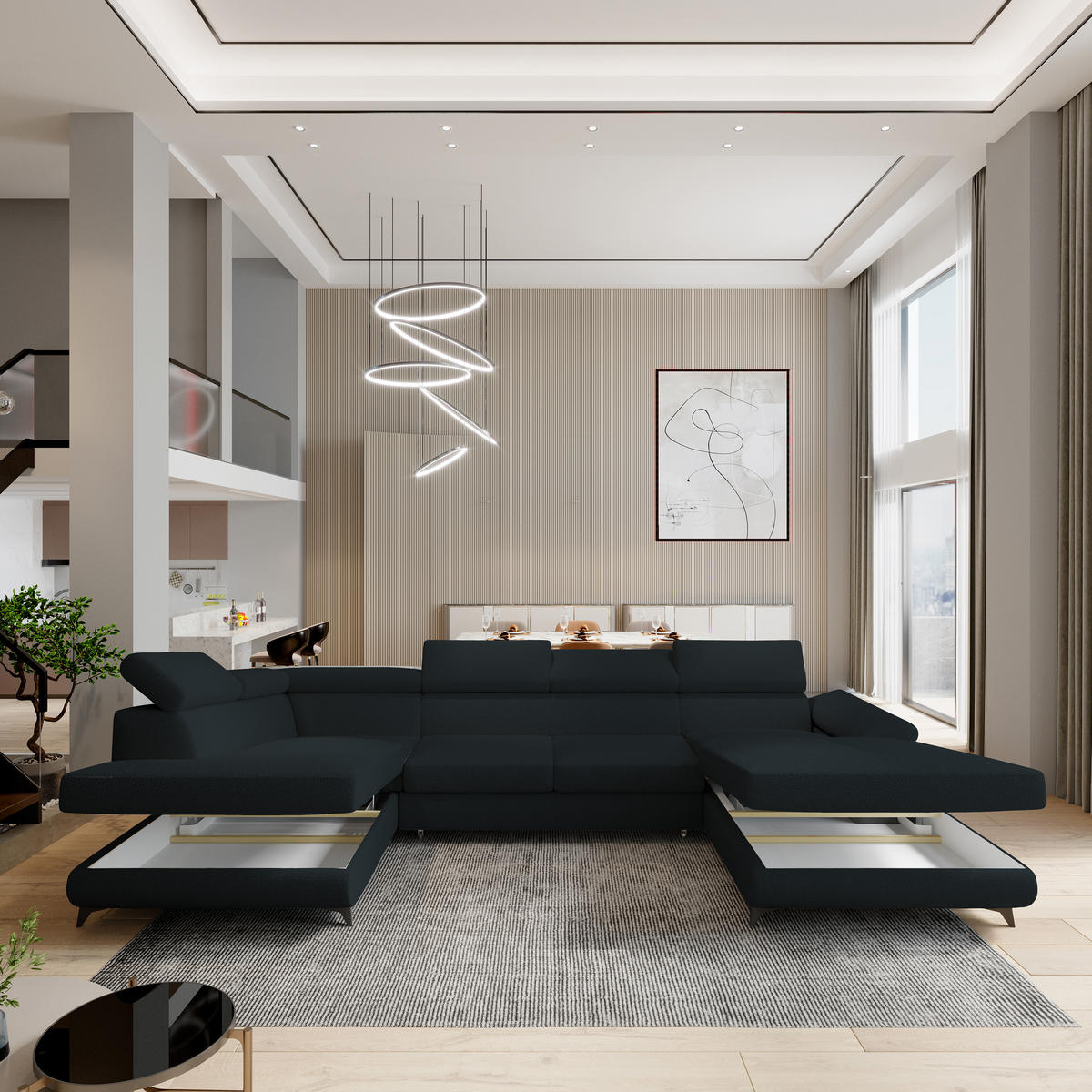 WOHNLANDSCHAFT RUBANO L-S Schwarz Boucle-Stoff mit Schlaffunktion - Schwarz, Holz (339/89/190cm) - MASSENO