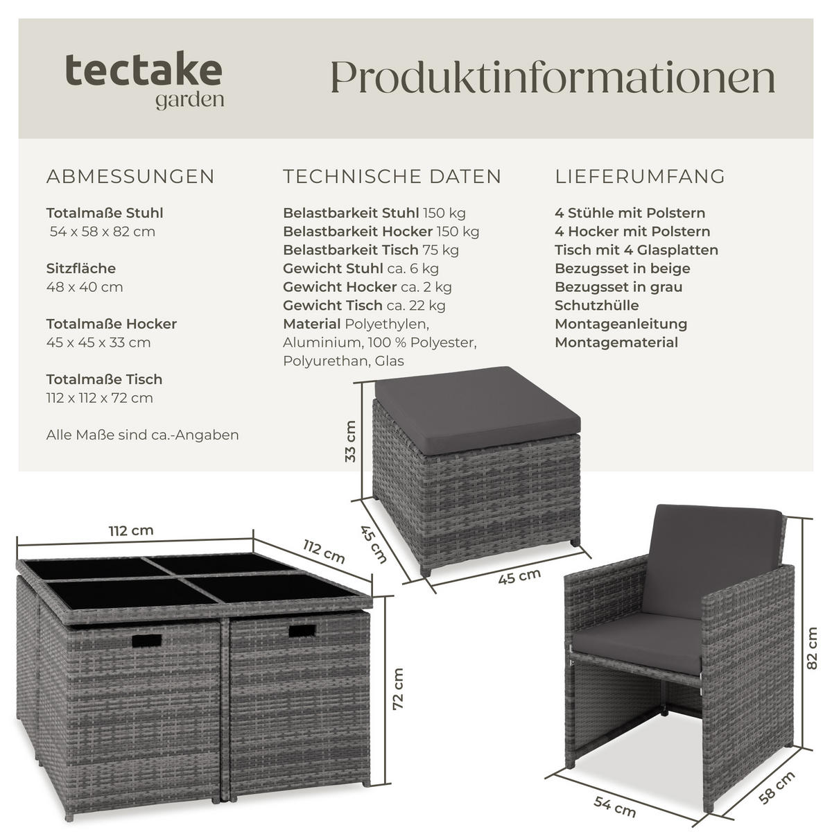 RATTAN SITZGRUPPE Manhattan,2 Bezugssets, zusammenschiebbar, inklusive Schutzhülle,grau - Grau, Kunststoff - tectake