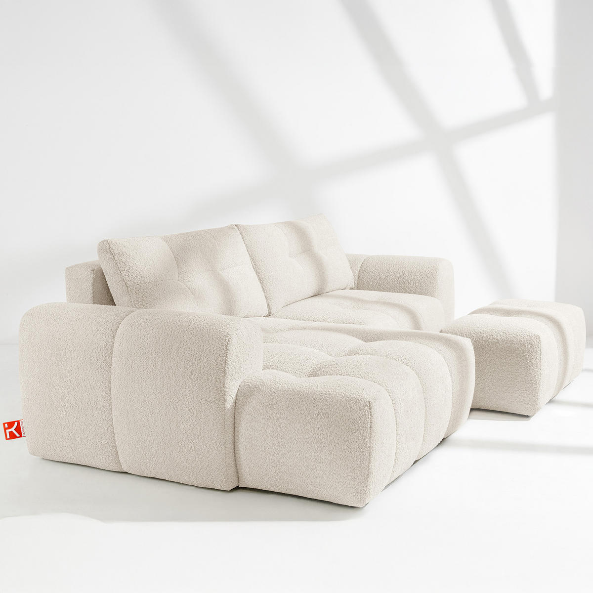 ECKSOFA MIT HOCKER RAVIA, Bouclé, Weiß - Weiß, Holz/Textil (96/50cm) - KONSIMO®
