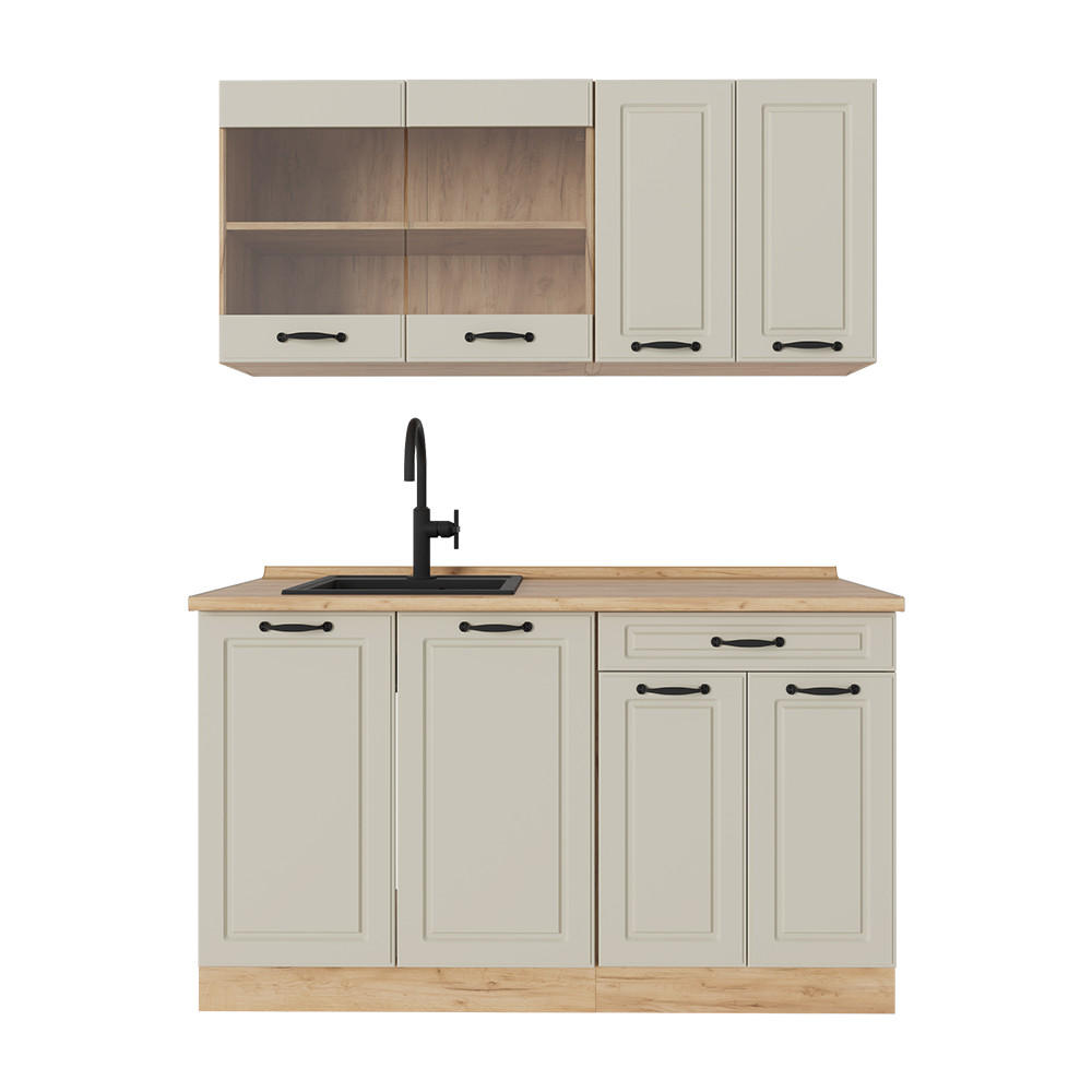SINGLEKÜCHE R-Line, Sand Landhaus/Goldkraft Eiche, 140 cm Arbeitsplatte Goldkraft Eiche - Honigeiche/Beige, Holzwerkstoff (140/81.6/60cm) - Vicco