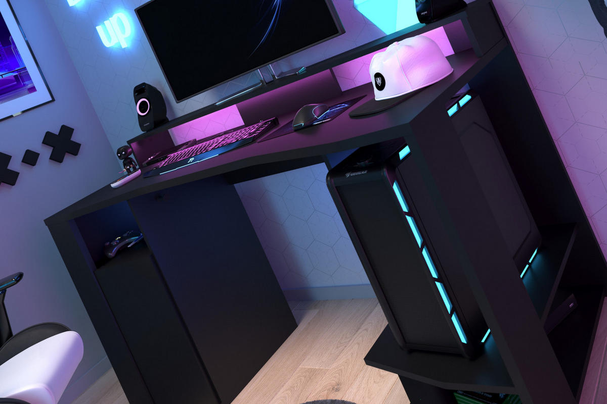 JUGENDZIMMER Gaming Set mit Schreibtisch und Schrank inkl. LED - Schwarz, Glas/Holzwerkstoff (290/180/62cm) - Parisot Meuble