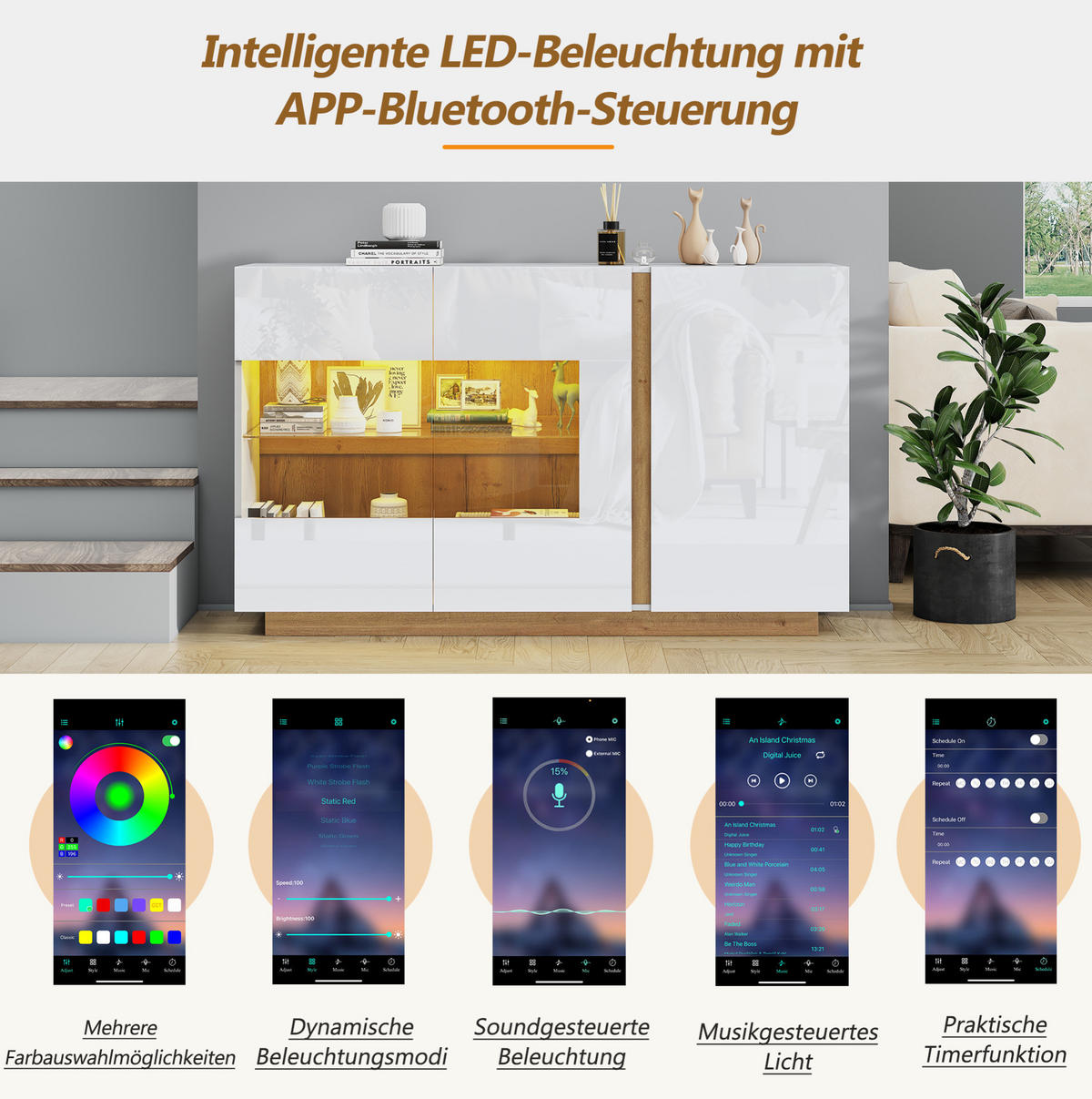 SIDEBOARD z dřevotřísky, 138/38,5/90,5 cm, bílý vysoký lesk s RGB LED - bílá, kompozitní dřevo (138/90.5/38cm) - Modenvie