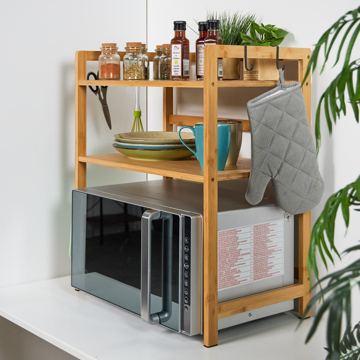 MIKROWELLENREGAL - Hellbraun/Naturfarben, Holz/Kunststoff (61/67/35cm) - Relaxdays
