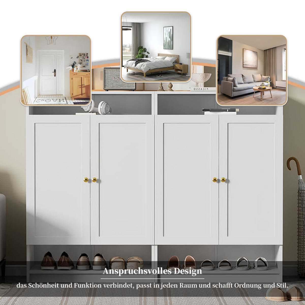 SCHUHSCHRANK Modern mit Goldgriffen Weiß 73x34x109cm - Weiß, Holzwerkstoff (34/109/73cm) - FLIEKS