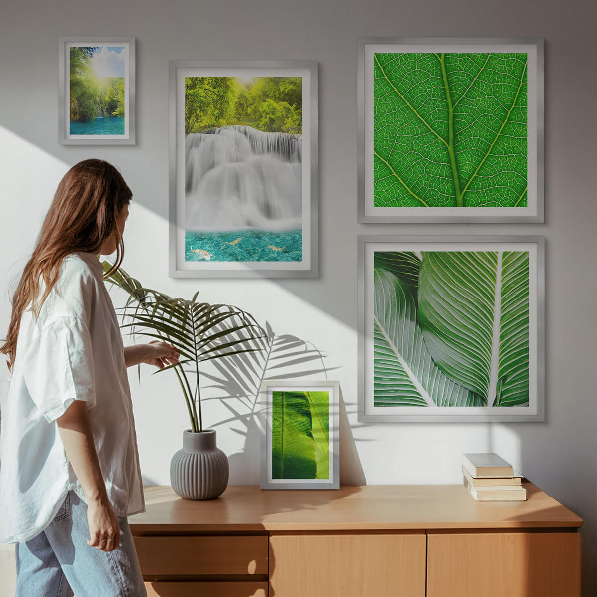 WANDBILDER 5er Set - 50x50 cm & 20x30 cm & 40x60 cm Silberner Rahmen - Nahaufnahme von tropischen Blättern - Silberfarben, Kunststoff (40/60cm) - ArtPrintCave