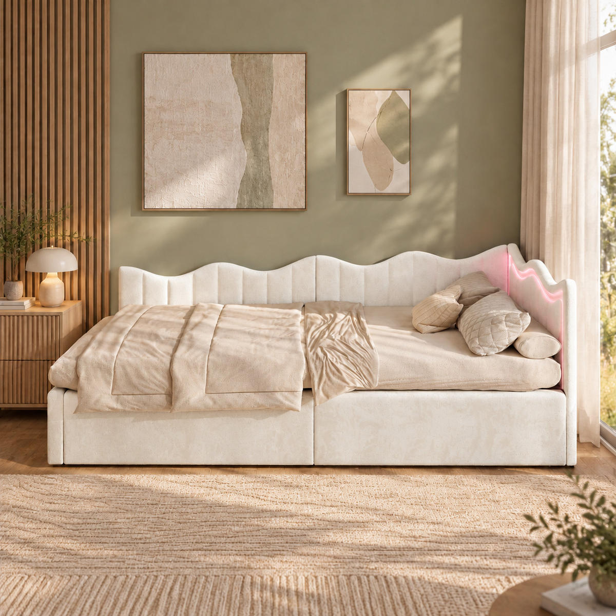 SCHLAFSOFA Samt cremeweiß mit RGB-LED-Beleuchtung, Fernbedienung, großem Stauraum unter der Liegefläche - Beige, Metall (97/75/213cm) - Joyfair