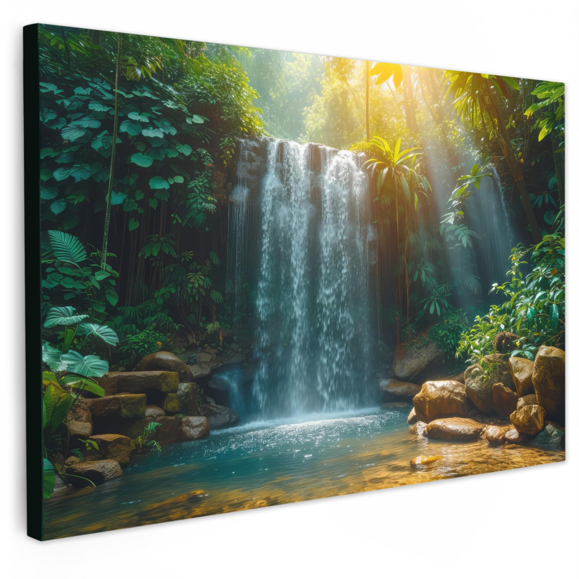 LEINWANDBILD Wasserfall - Dschungel - Sonne - Grün - Natur Wohnzimmer 120x80 cm - Grün, Textil (120/80cm) - MuchoWow