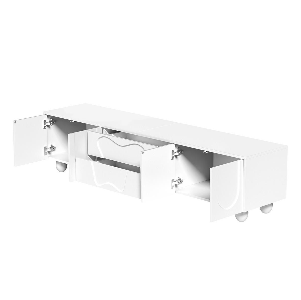 TV ormarić 180/40/42 cm bijeli od iverice s ladicama i vratima na nogama od masivnog drva - bijela, drvni materijal (180/42/40cm) - OKWISH