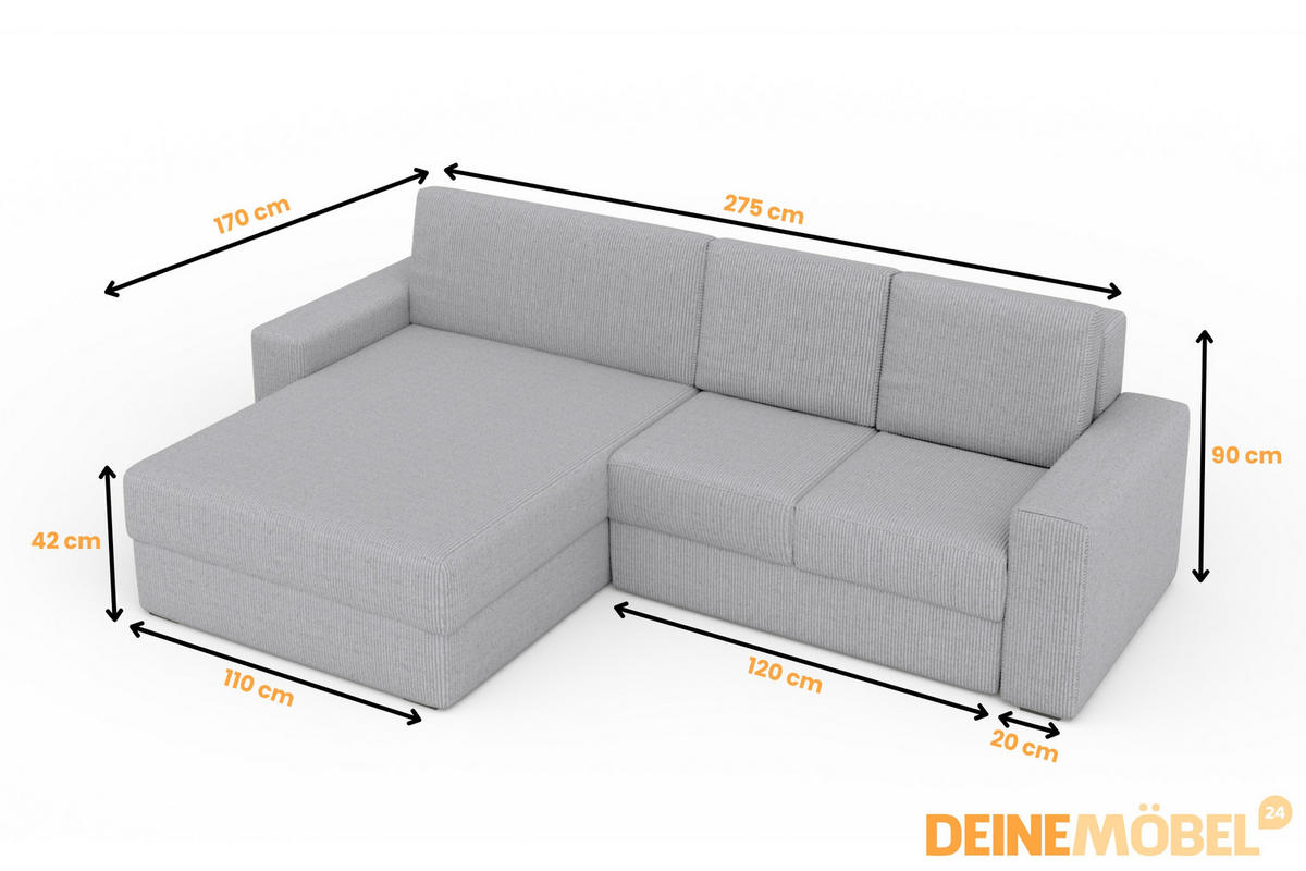 ECKSOFA TOCO XL 275/170 cm in Cord Hellgrau rechts - Hellgrau, Holz/Holzwerkstoff (275/170cm) - Deine Möbel 24