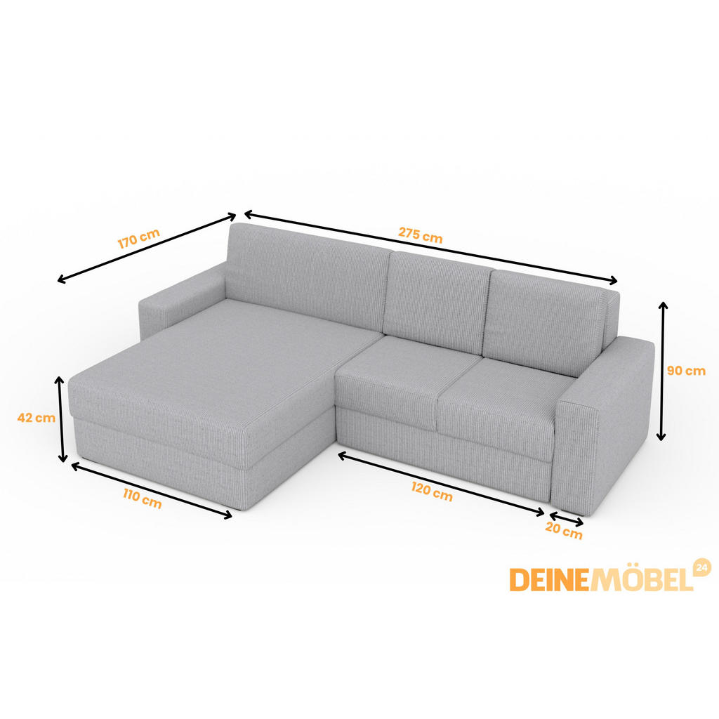 Thumbnail - Deine Möbel 24 Ecksofa, Hellgrau, Holz, Holzwerkstoff, Textil, Ottomane links, L-Form, 275x170 cm, Wohnzimmer, Sofas & C...