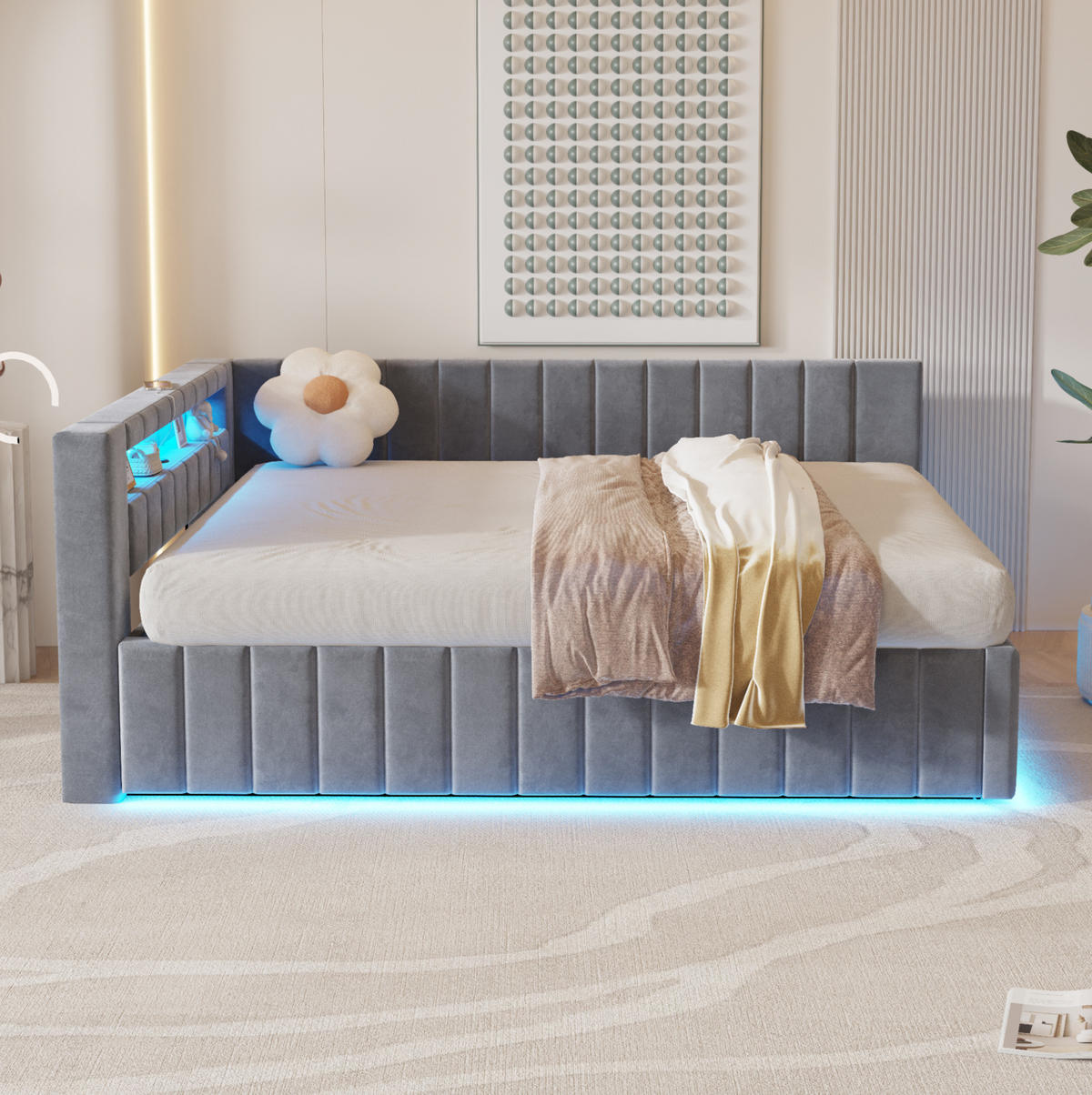 POLSTERBETT 140/200 cm aus Samt mit LED, USB und hydraulischem Stauraum Grau - Grau, Textil (140/200cm) - Modenvie