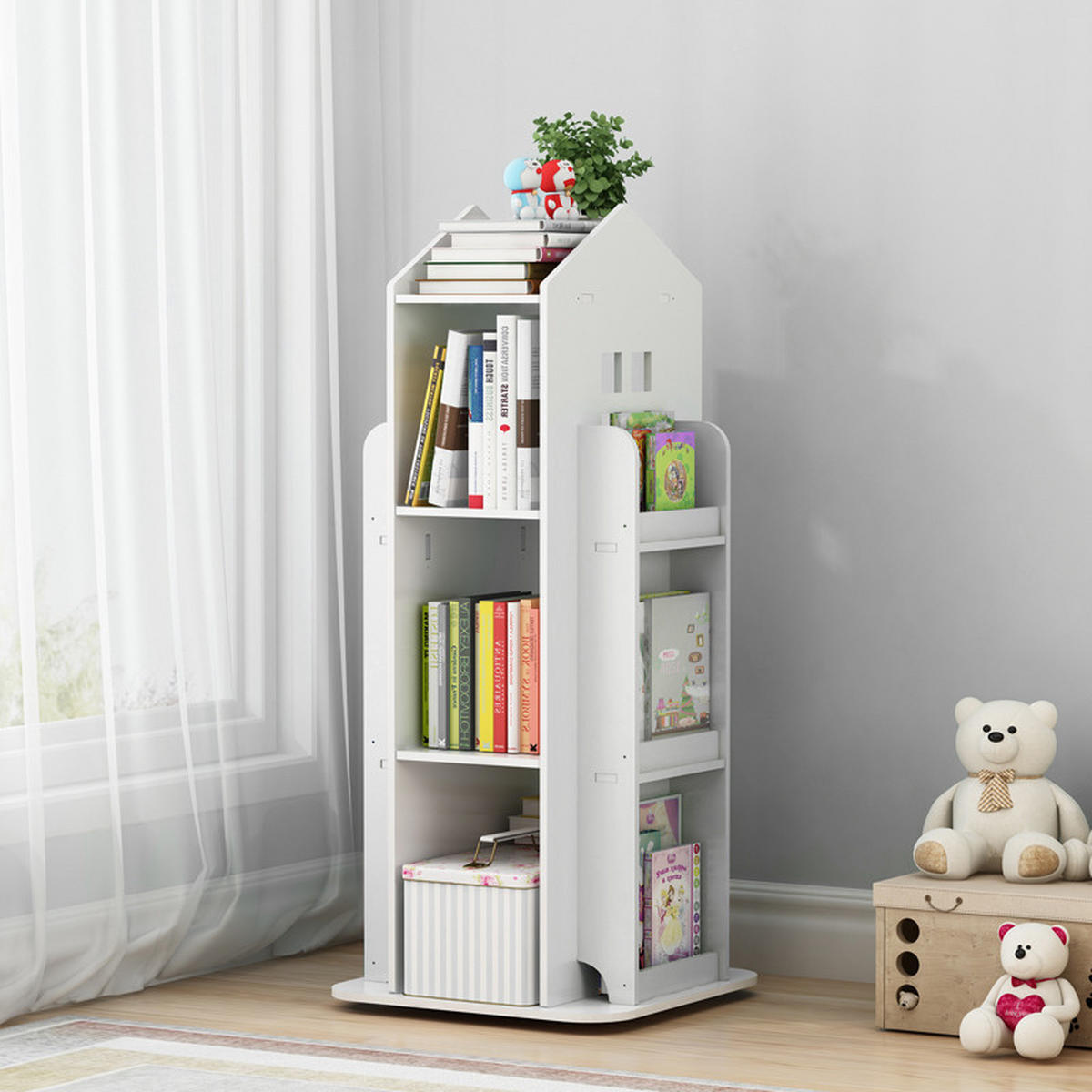 KINDERBÜCHERREGAL aus WPC-Platte in Weiß Drehbar Hausform Attraktives Design Praktisch 41 x 41 x 95 cm - Weiß, Holzwerkstoff (41/96/41cm) - Livingandhome