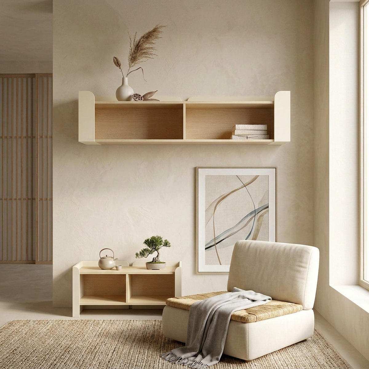 WANDREGAL Sorella mit 2 offenen Regalböden, 130 cm, Macadamia + Eiche Mavelie - Eichefarben/Beige, Holzwerkstoff (130/33/27cm) - Beautysofa
